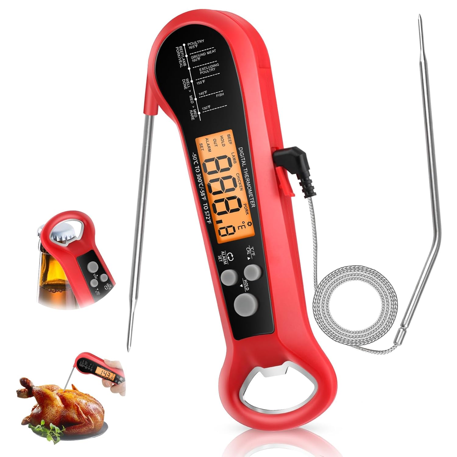 Thermometer Digital - プロ仕様デジタル肉用温度計 防水仕様 2つのプローブ付き 長ケーブル インスタント読み取り キッチン調理用食品温度計